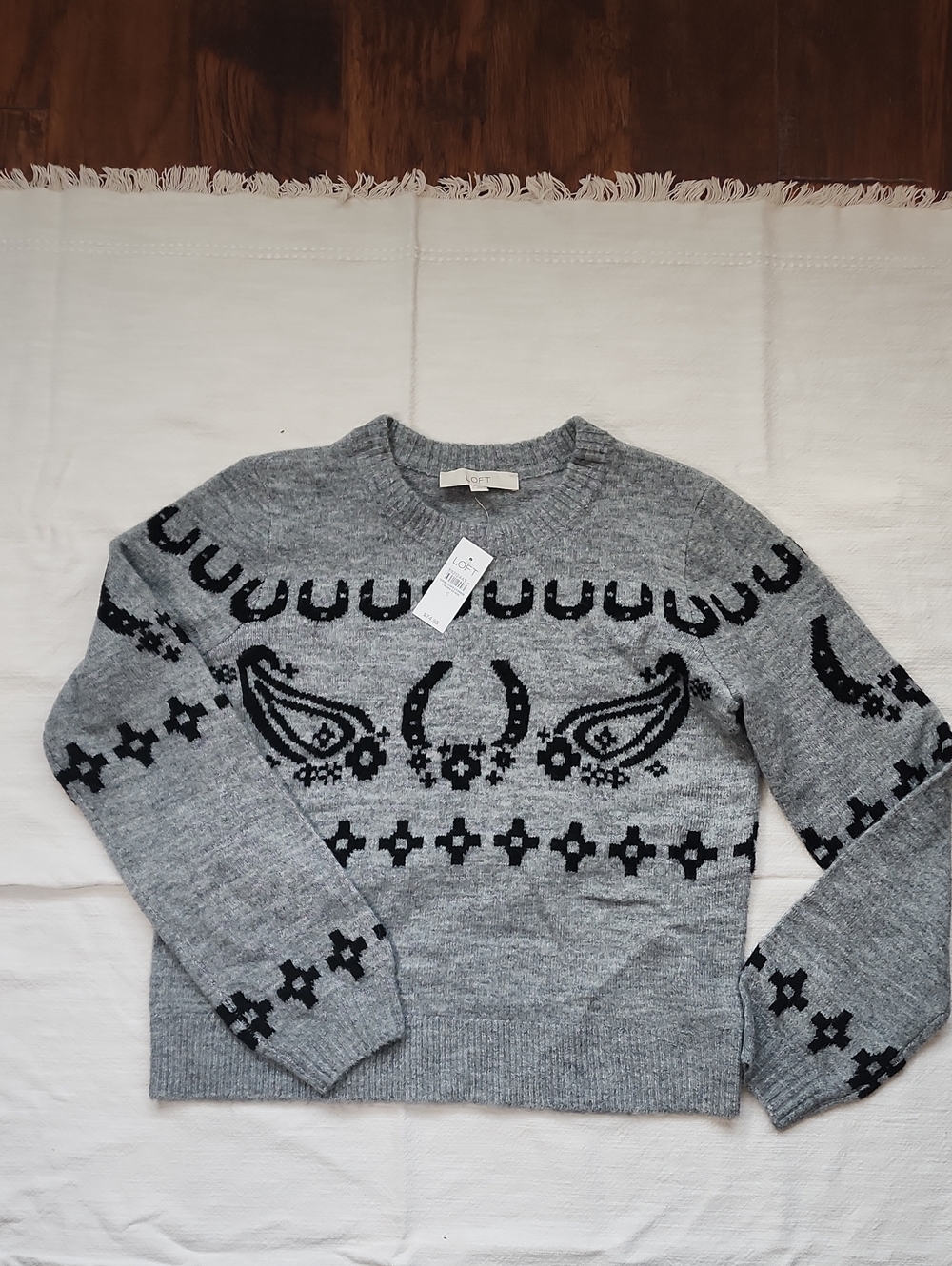 LOFT Gray Crewneck Sweater with Black Paisley Motif